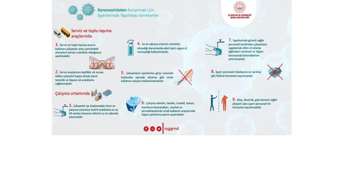 8.1 CORONA VİRÜSÜNDEN KORUNMAK İÇİN İŞYERLERİNDE UYULMASI GEREKEN 16 MADDE ŞU ŞEKİLDEDİR;